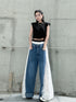 Lace Contrast Wide Denim Pants